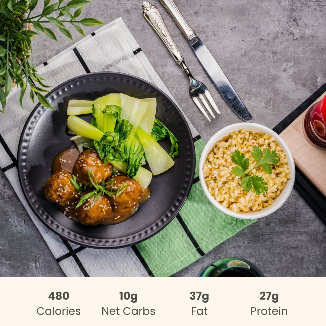 Teriyaki Chicken Meatballs With Bok Choy & Basil Cauli Fried Rice