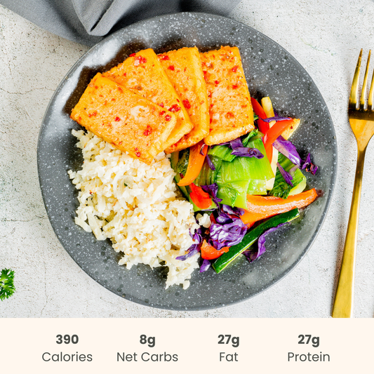 Tofu with Sweet Chili Glaze, Sesame Stir-Fry & Cauliflower Rice