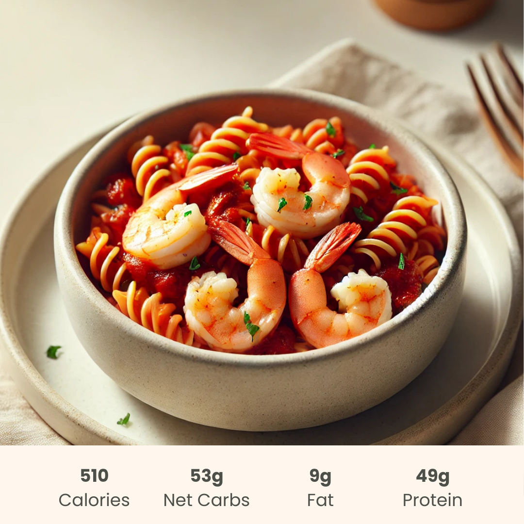 Spicy Shrimp in Purgatory on Red Lentil Protein Pasta