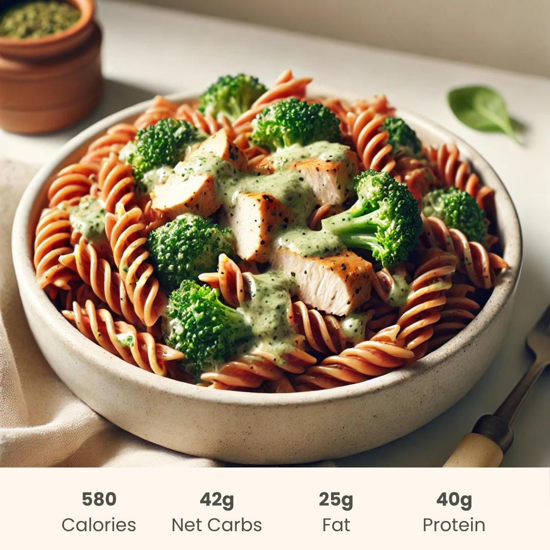 Chicken Pesto Alfredo with Broccoli on Red Lentil Protein Pasta