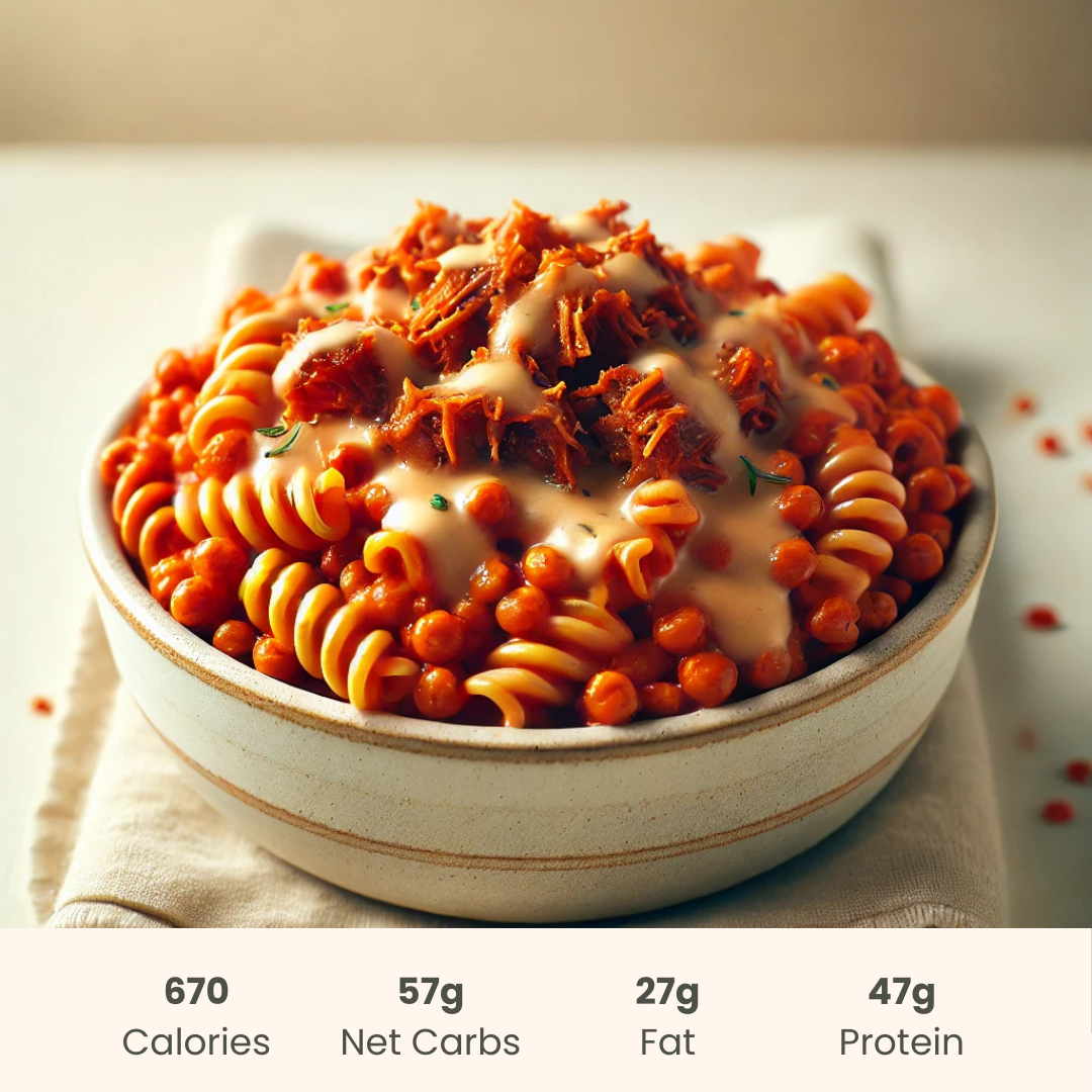 Pulled Pork Mac 'N' Cheese on Red Lentil Protein Pasta