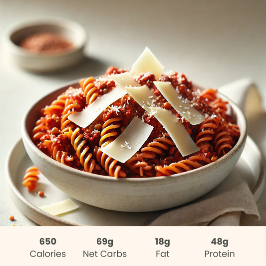 Pasta Bolognese on Red Lentil Protein Pasta