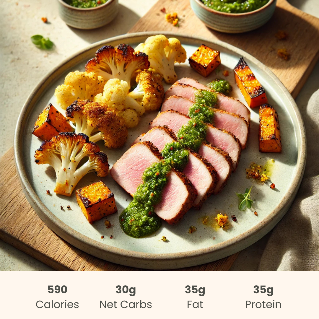 Cuban Pork Tenderloin with Chimichurri, Zesty Cauliflower & Sweet Potatoes