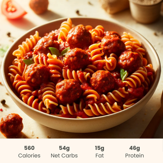 Pasta with Meatballs on Red Lentil Protein Pasta