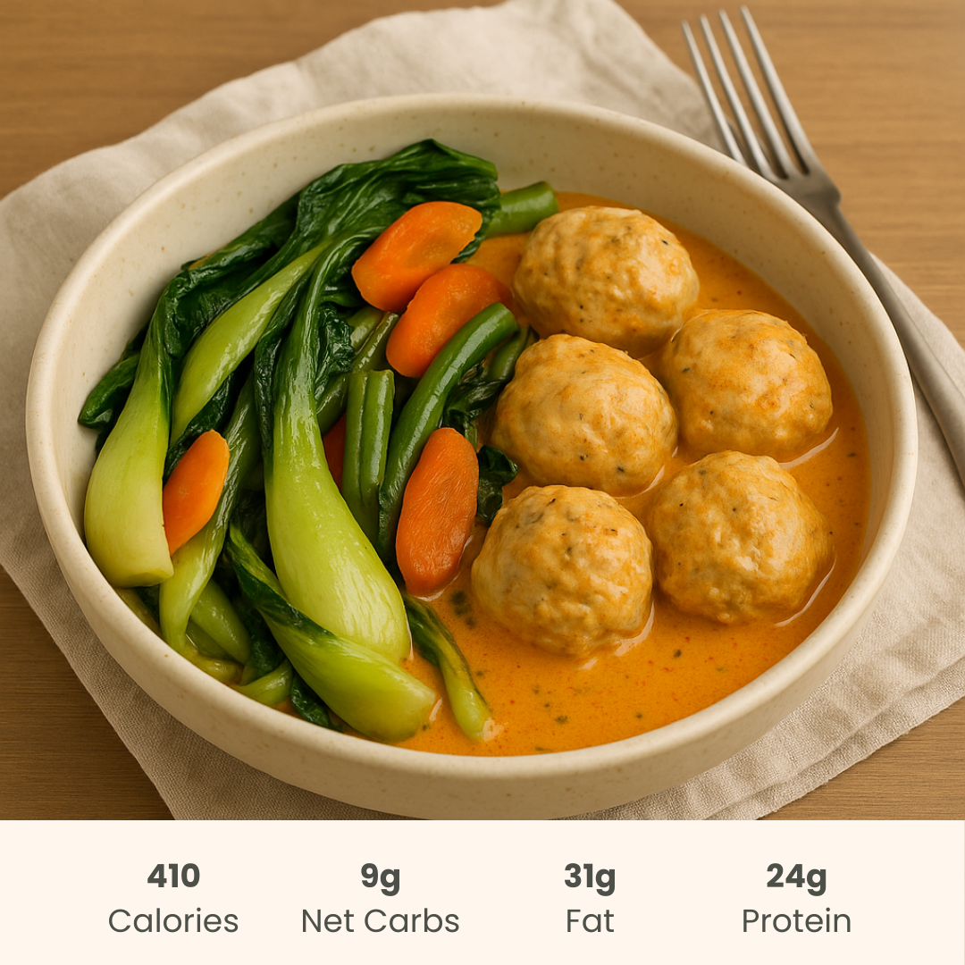 Thai Coconut Curry with Chicken Meatballs and Bok Choy Sauté