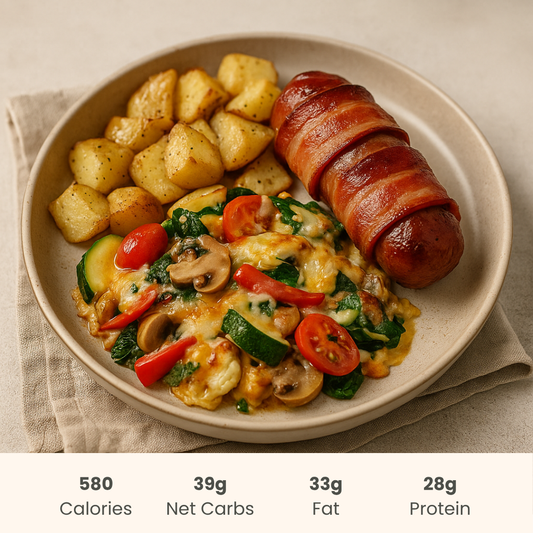 Bacon Wrapped Sausage with Cheesy Veg Stir-Fry & Roast Potatoes