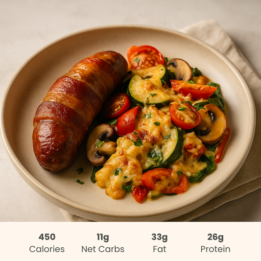 Bacon Wrapped Sausage with Cheesy Veg Stir-Fry
