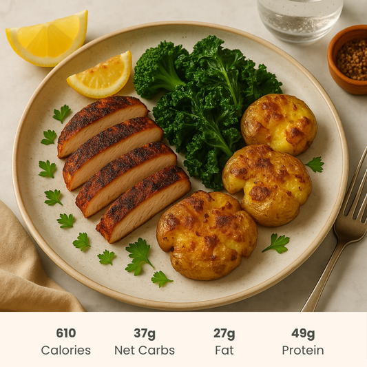 Blackened Chicken with Kale, Broccoli & Smashed Potatoes
