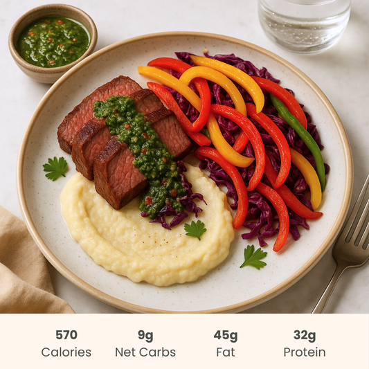 Flank Steak with Herbaceous Chimichurri, Vegetable Sautee & Creamy Cauliflower Purée