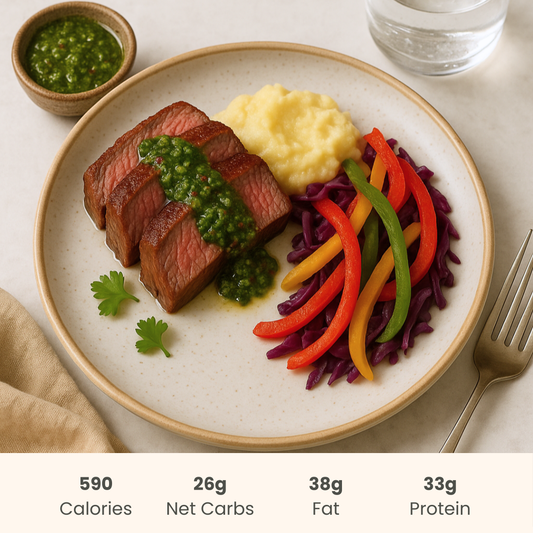 Flank Steak with Herbaceous Chimichurri, Vegetable Sautee & Mash Potato