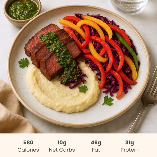 Flank Steak with Herbaceous Chimichurri, Vegetable Sautee & Creamy Cauliflower Purée