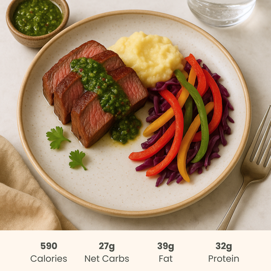 Flank Steak with Herbaceous Chimichurri, Vegetable Sautee & Mash Potato