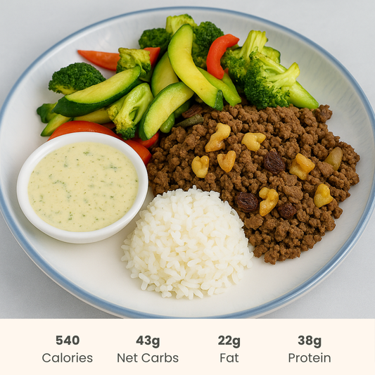 Smashed Beef Kebab & Zucchini Saute & Rice