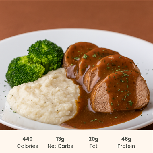 Pork Tenderloin with Broccoli, Cauliflower Mash & Gravy