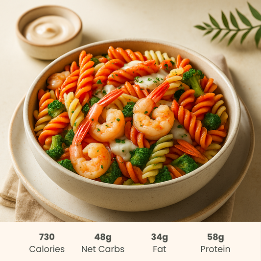 Creamy Shrimp Alfredo on Red Lentil Protein Pasta
