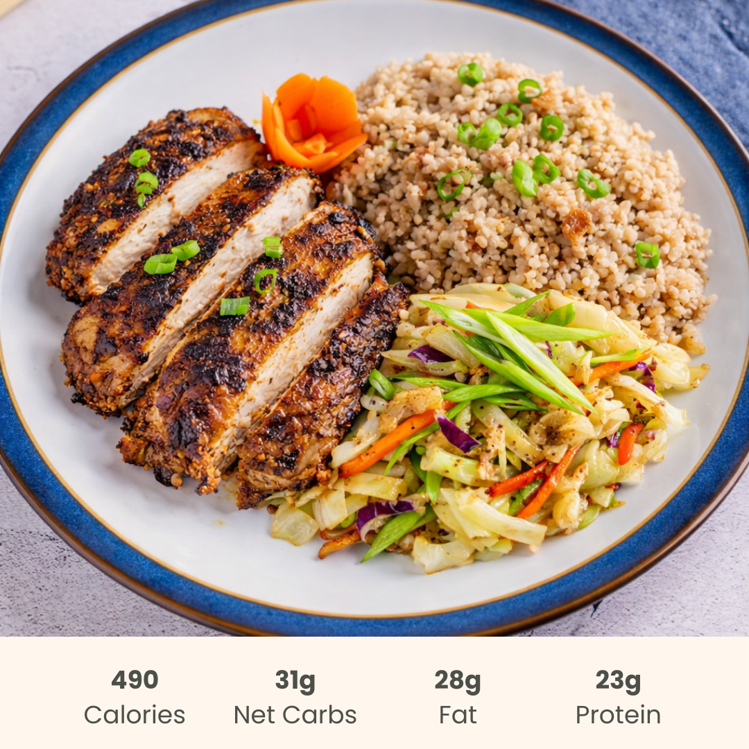 Jerk Chicken with Stir Fry Cabbage & Rice & Peas