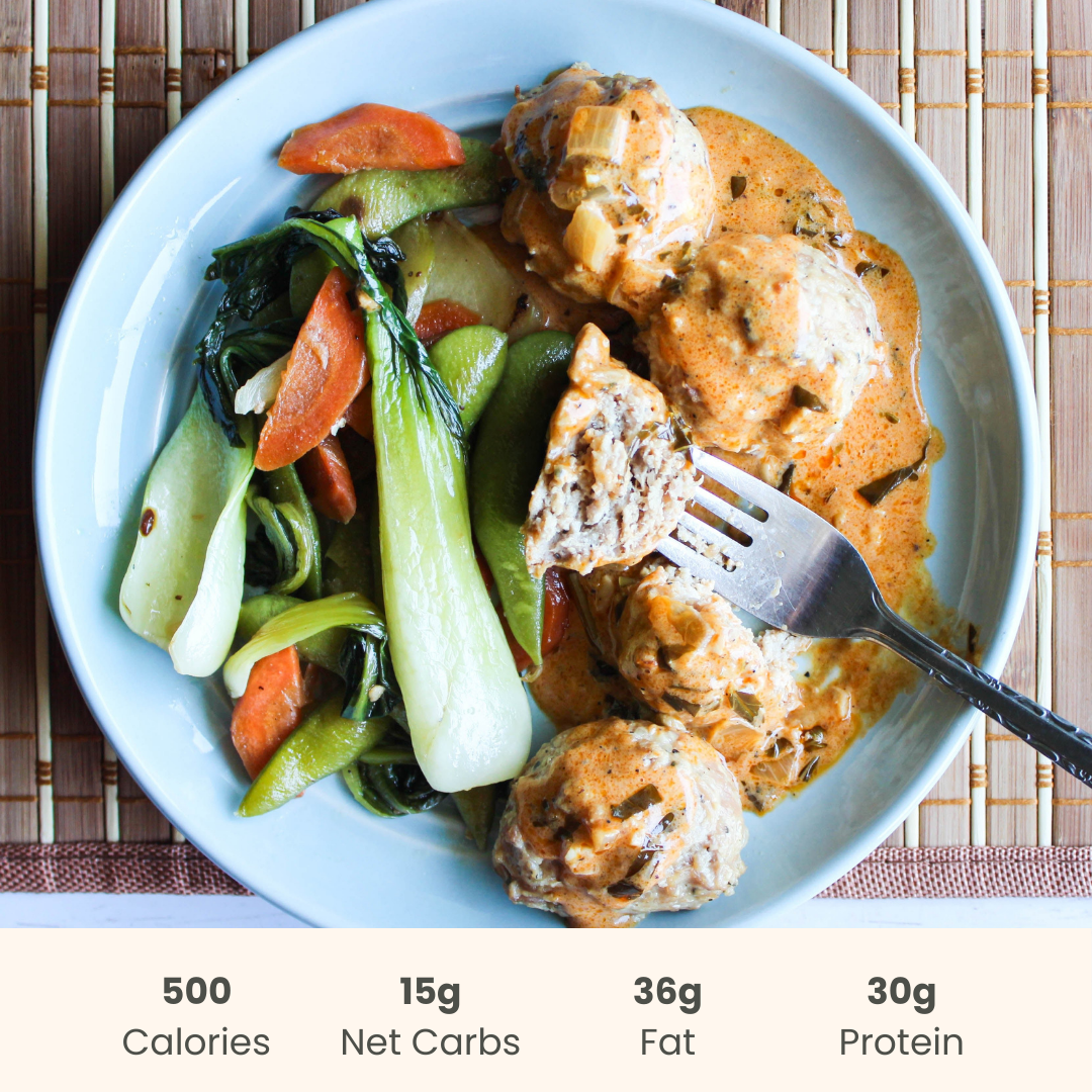 Thai Coconut Curry Chicken Meatballs with Bok Choy on Cauliflower Rice