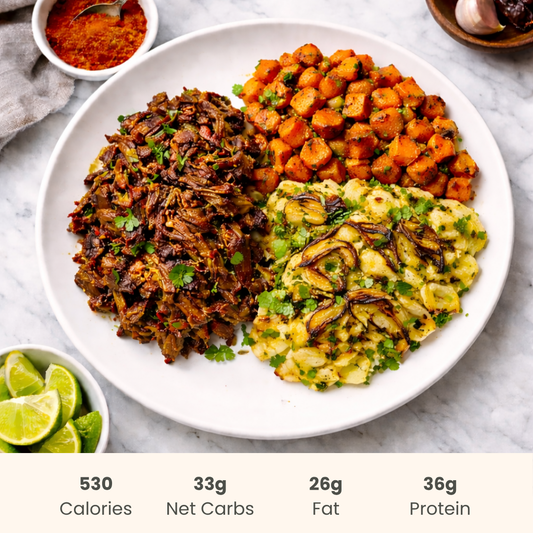 Smoky Ancho Barbacoa Shredded Beef with Roasted Cabbage & Sweet Potatoes