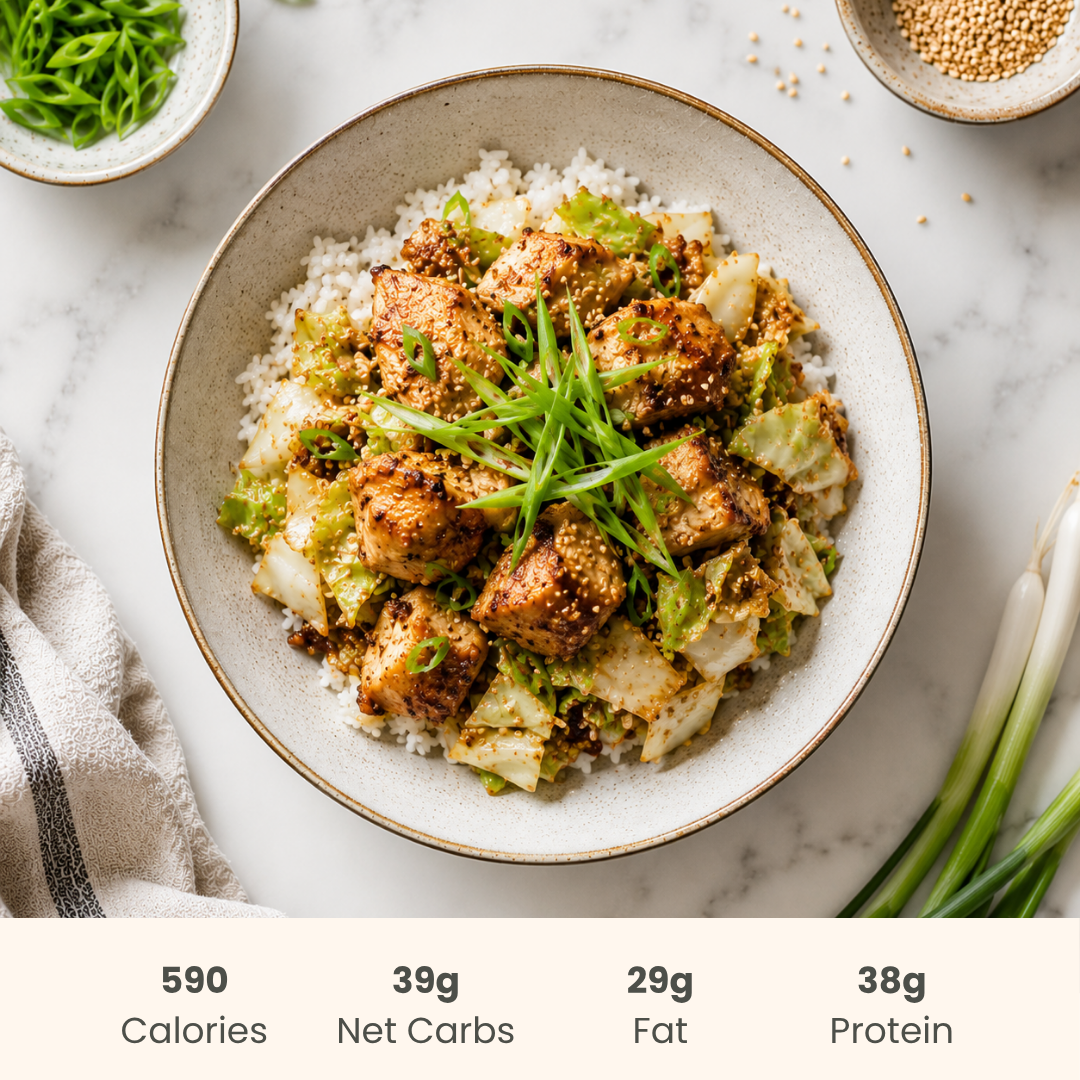 Ginger Scallion Chicken With Miso Tahini Roasted Cabbage & Golden Jasmine Rice