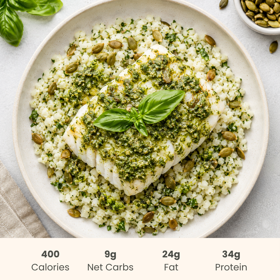 Pesto & Basil Cod with Cauliflower Rice and Pumpkin Seeds