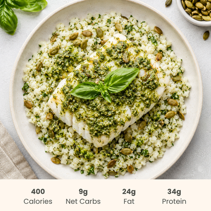 Pesto & Basil Cod with Cauliflower Rice and Pumpkin Seeds