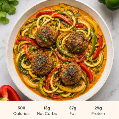 Red Curry Chicken Meatballs on Zucchini Noodles
