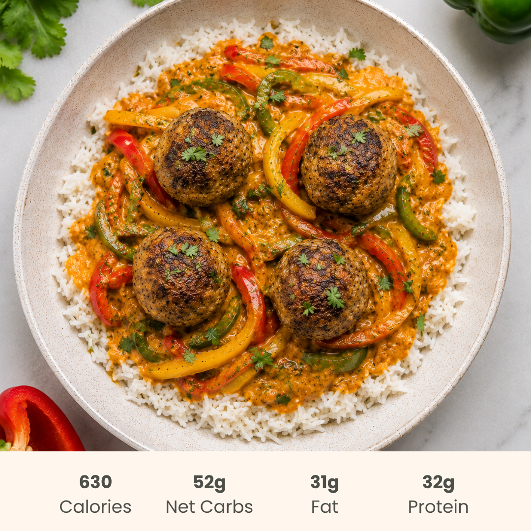 Red Curry Chicken Meatballs on Jasmine Rice