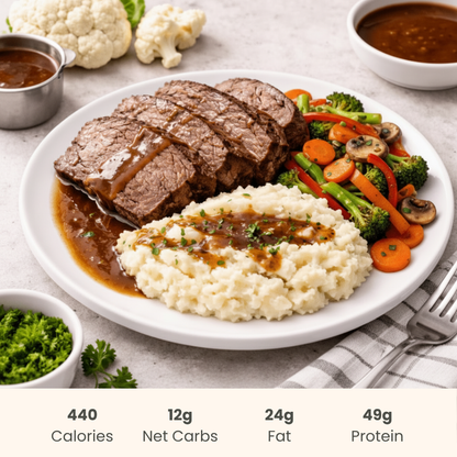 Slow Roasted Beef with Sauteed Veg and Cauliflower Mash & Gravy