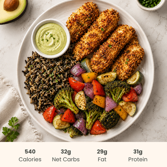 Chicken Fingers with Avocado Aioli & Roasted Vegetables Medley & Wild Rice