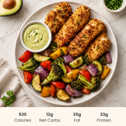 Chicken Fingers with Avocado Aioli & Roasted Vegetable Medley