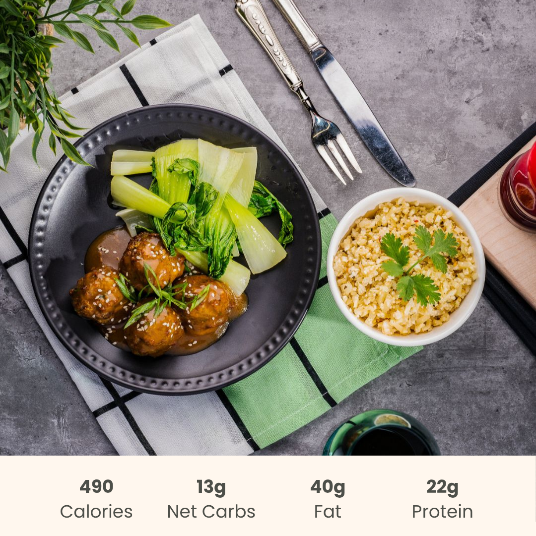Teriyaki Beef Meatballs with Bok Choy & Basil Fried Cauliflower Rice