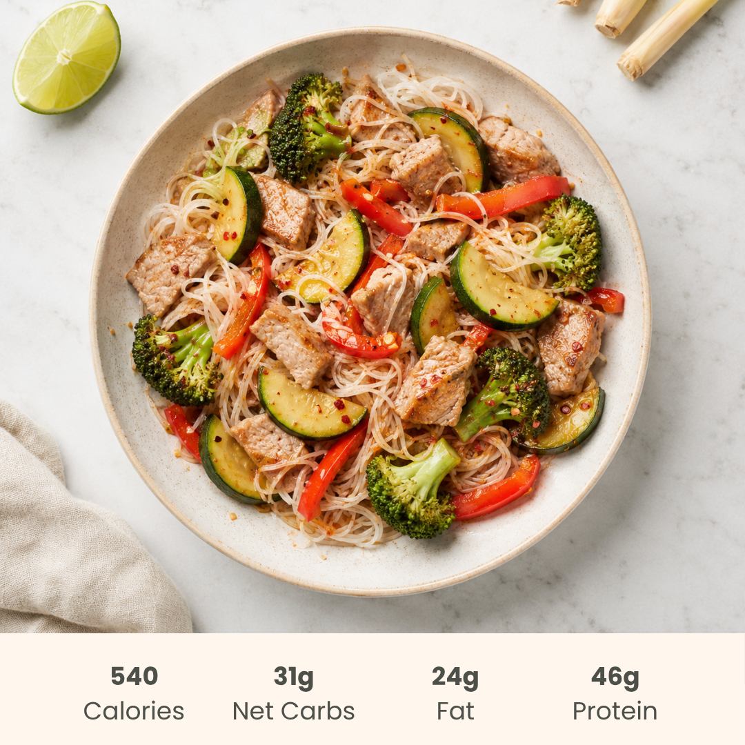 Vietnamese Lemongrass Pork Tenderloin & Zucchini on Rice Noodles