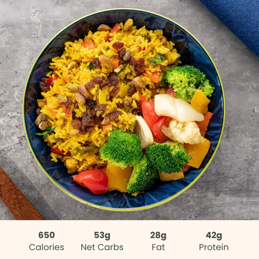 Moroccan Chicken with Spiced Basmati & Vegetable Saute
