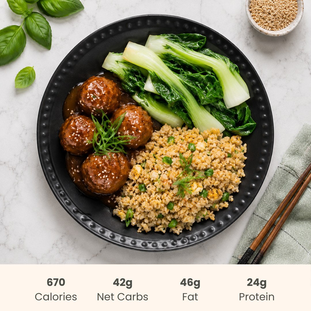 Teriyaki Beef Meatballs with Bok Choy & Basil Fried Jasmine Rice