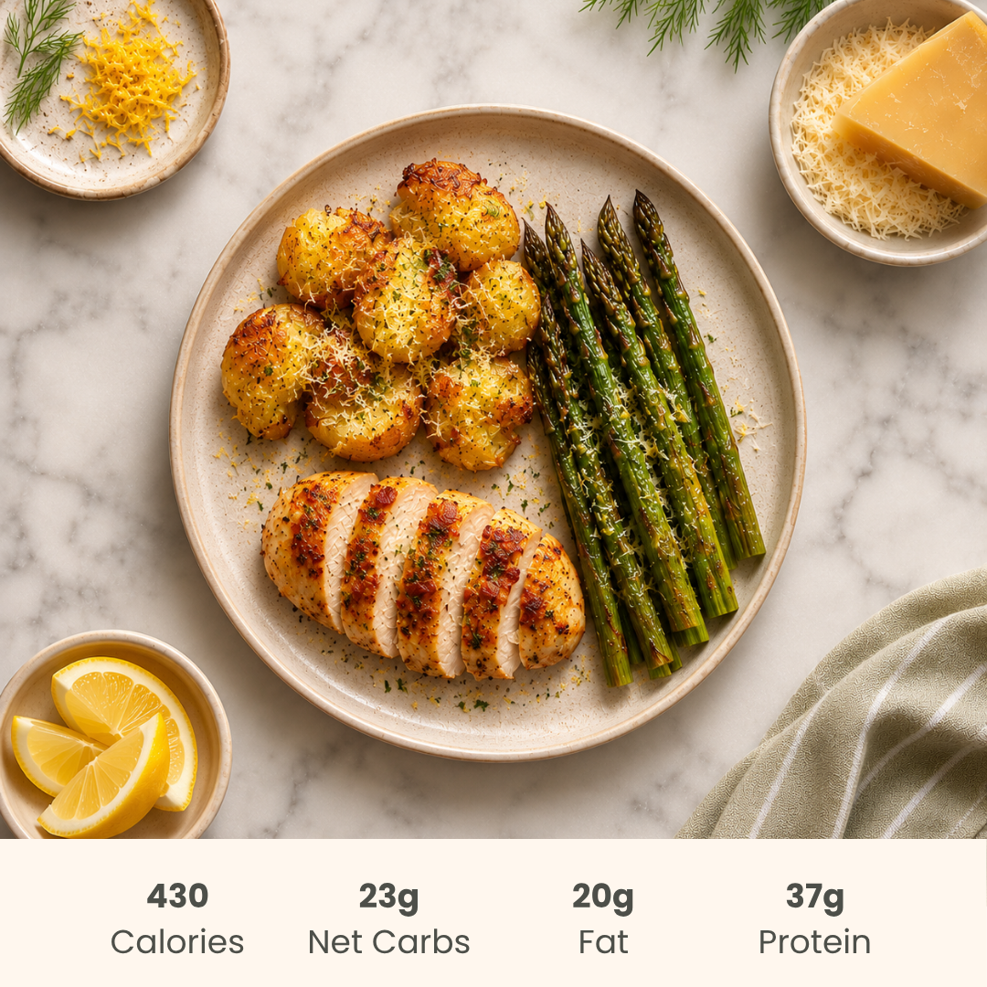 Bacon Ranch Chicken With Smashed Potatoes & Parm Roasted Asparagus