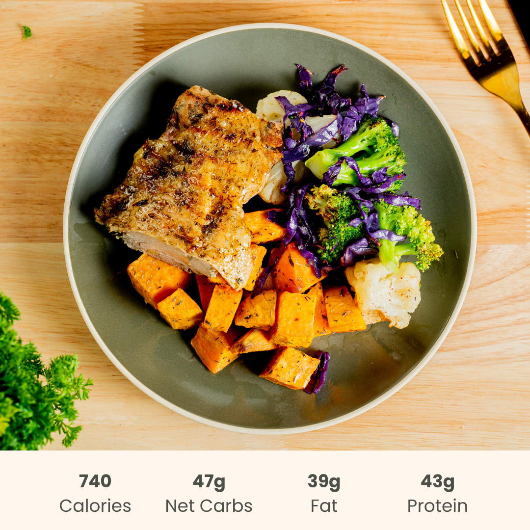 Herb Grilled Chicken With Balsamic Glazed Vegetable Medley & Sweet Potato