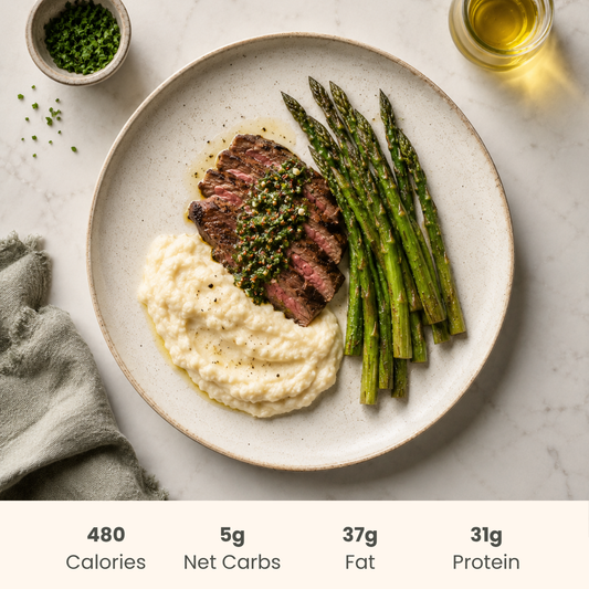Flank Steak with Herbaceous Chimichurri, Asparagus & Cauliflower Purée