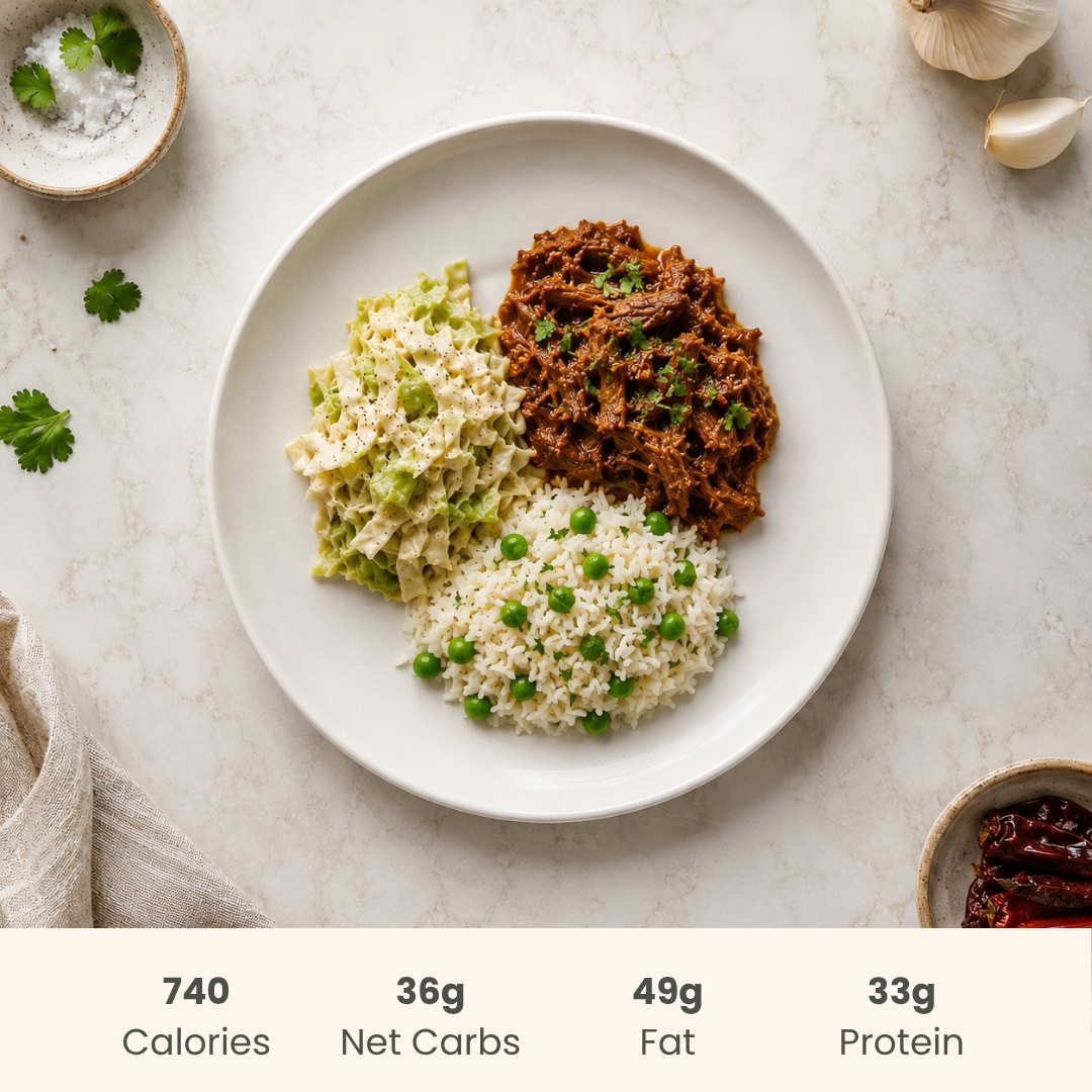 Pork Barbacoa with Rice & Peas & Creamy Cabbage