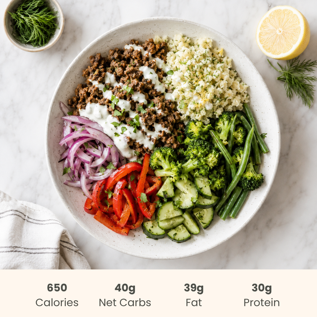 Greek Gyro Bowl with Lemon Dill Basmati Rice and Vegetables