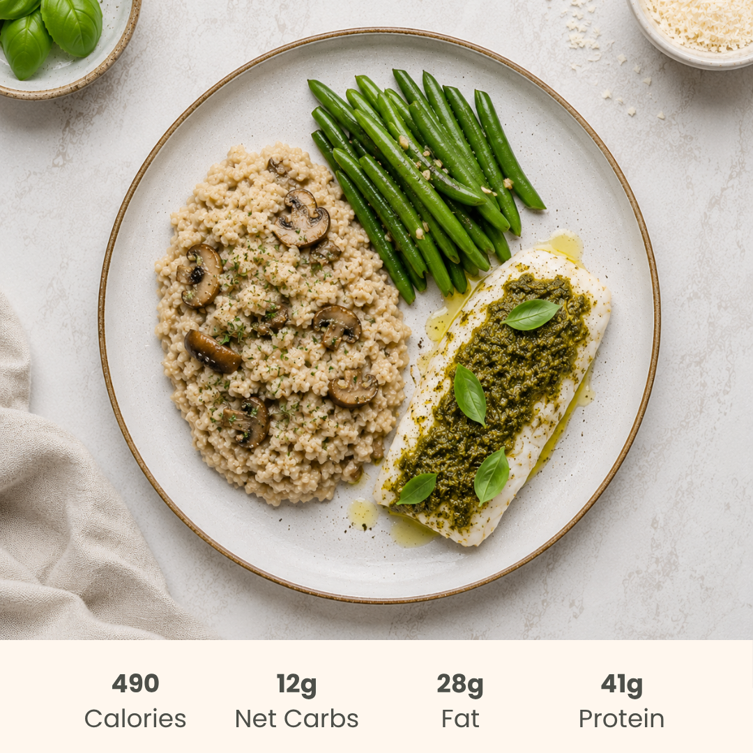 Pesto Cod with Mushroom Cauliflower Risotto