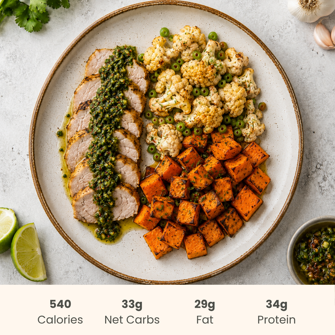 Cuban Pork Tenderloin with Chimichurri, Zesty Cauliflower & Sweet Potatoes