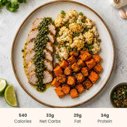 Cuban Pork Tenderloin with Chimichurri, Zesty Cauliflower & Sweet Potatoes