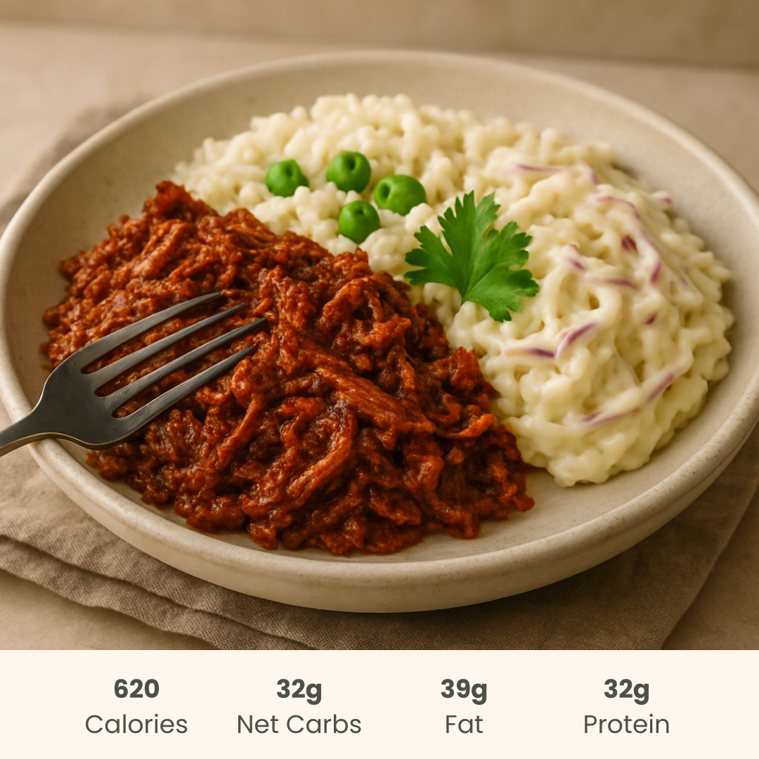Pork Barbacoa with Rice & Peas & Creamy Cabbage
