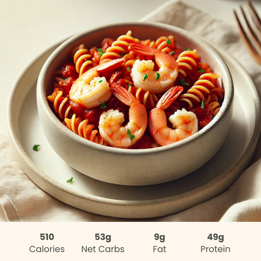 Spicy Shrimp in Purgatory on Red Lentil Protein Pasta