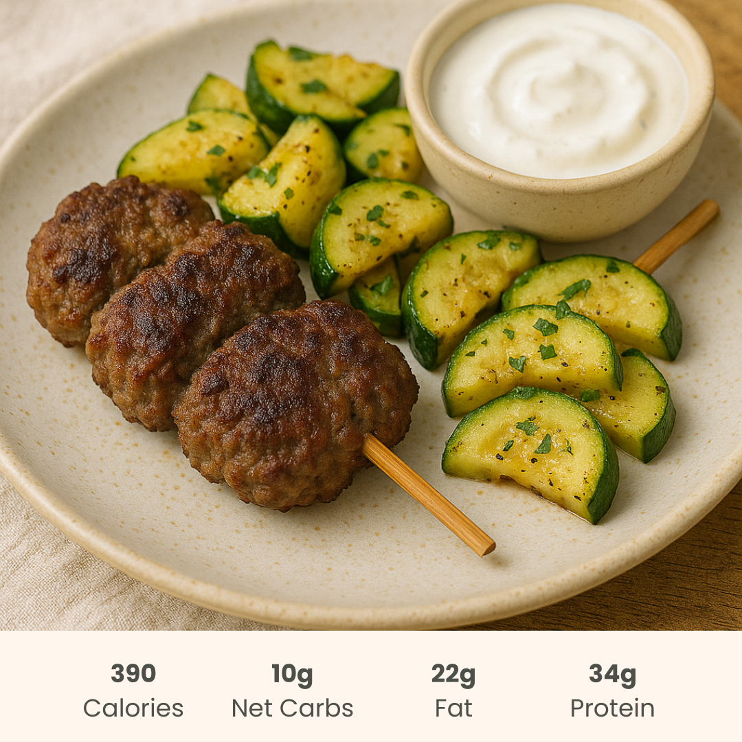 Smashed Beef Kebab & Zucchini Saute