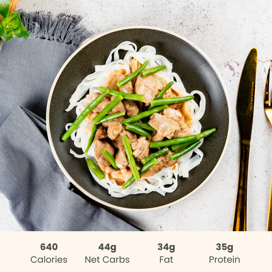 Thai Peanut Pork with Green Beans over Rice Noodles