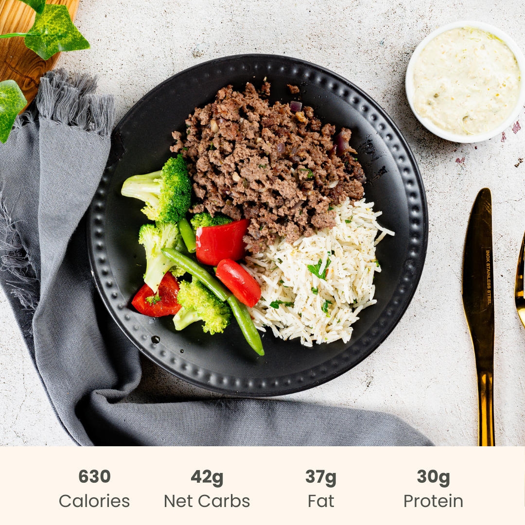 Greek Gyro Bowl with Lemon Dill Basmati Rice and Vegetables