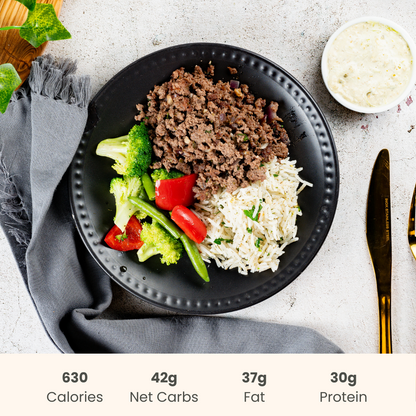 Greek Gyro Bowl with Lemon Dill Basmati Rice and Vegetables