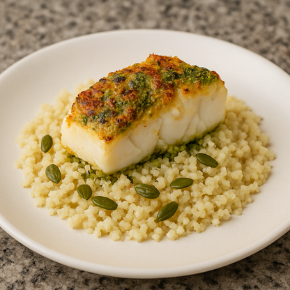 Pesto & Basil Cod with Cauliflower Rice and Pumpkin Seeds
