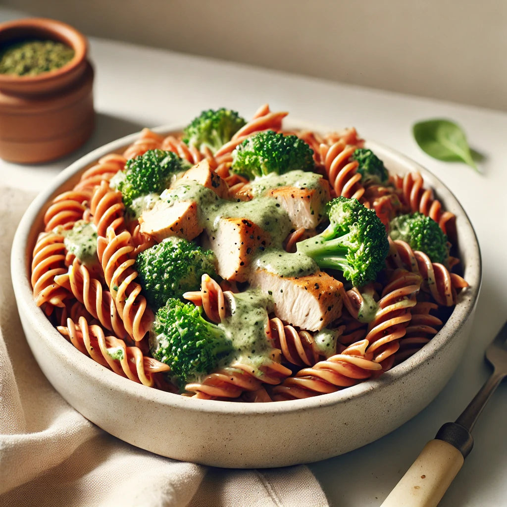 Chicken Pesto Alfredo with Broccoli on Red Lentil Protein Pasta